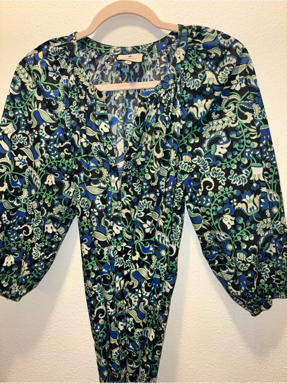 Tuckernuck Batik Floral Lyles Green Blue Puff Sleeve Belted Midi Dress Xs View 3